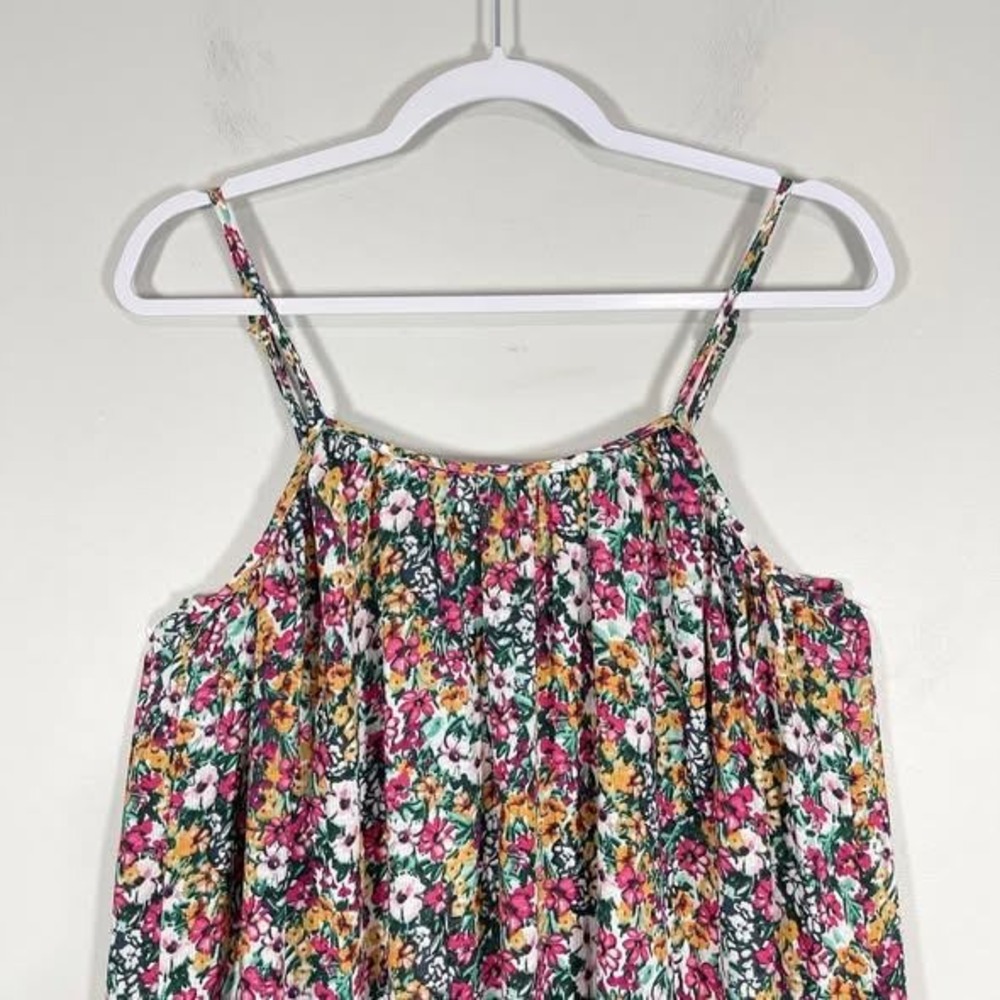 VOY Mini Dress Wms Small Pink Green Floral Strappy Ruffle Hem Boho Garden Flowy - Picture 2 of 6
